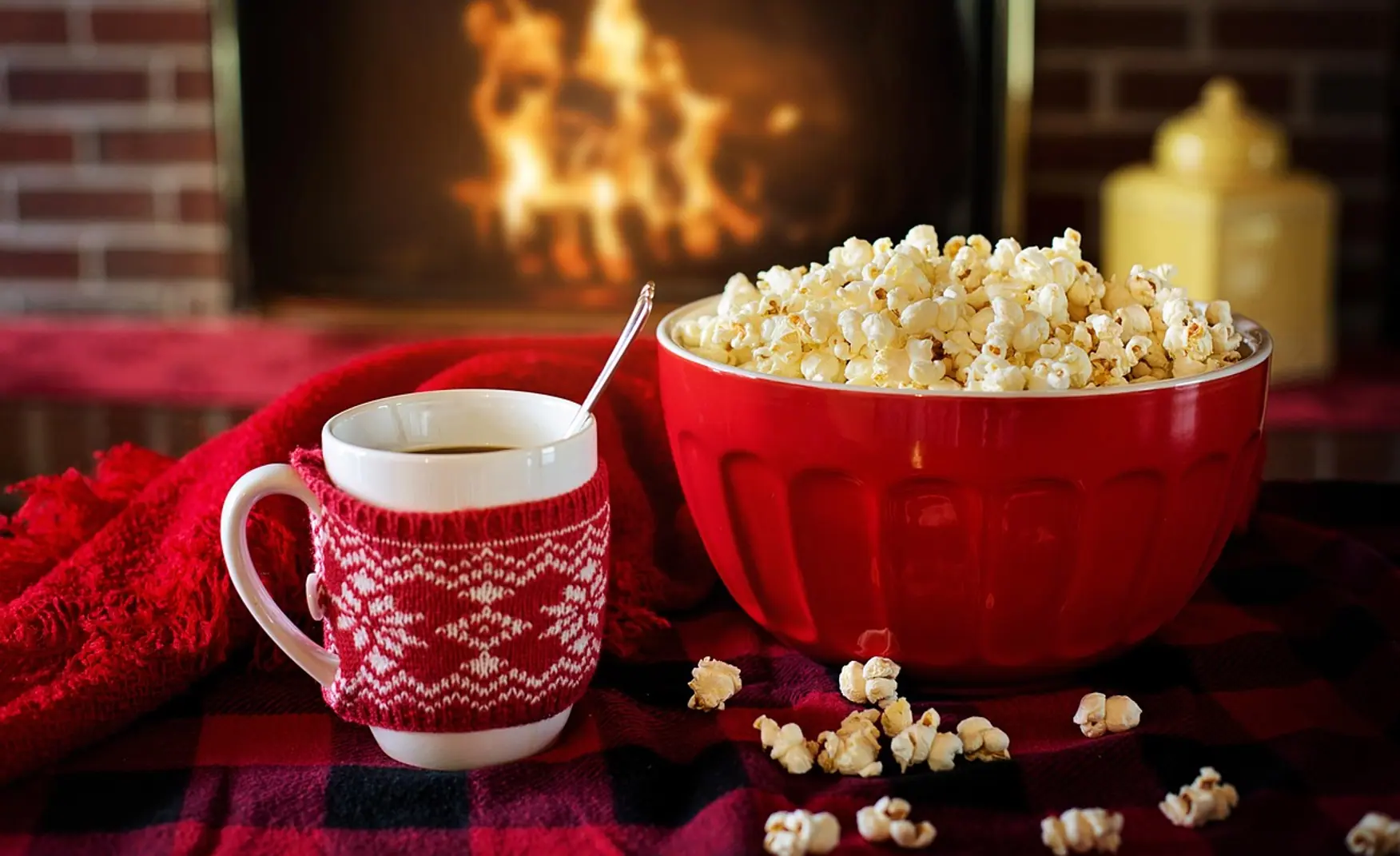 Warm and cozy, popcorn and coffee